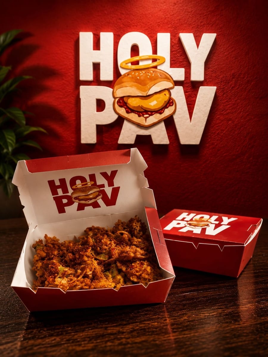 Holy Pav takeaway box loaded with masala and crispy garnish